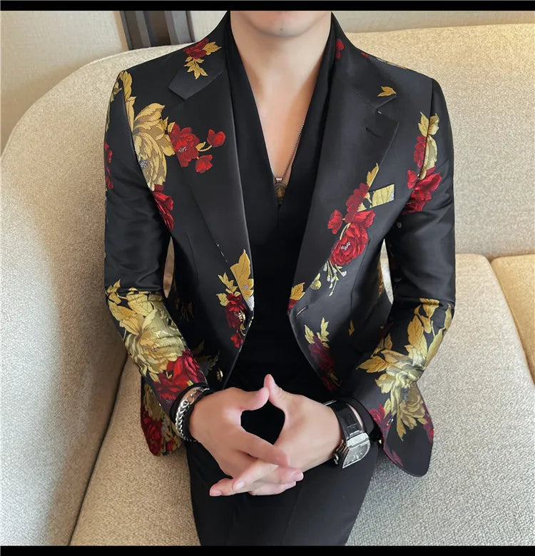New Men Embroidered Jacquard Slim Fit Casual Suit Jacket Formal Prom Party Stage Costume Man Tuxedo Gentleman Blazers Suit Tops