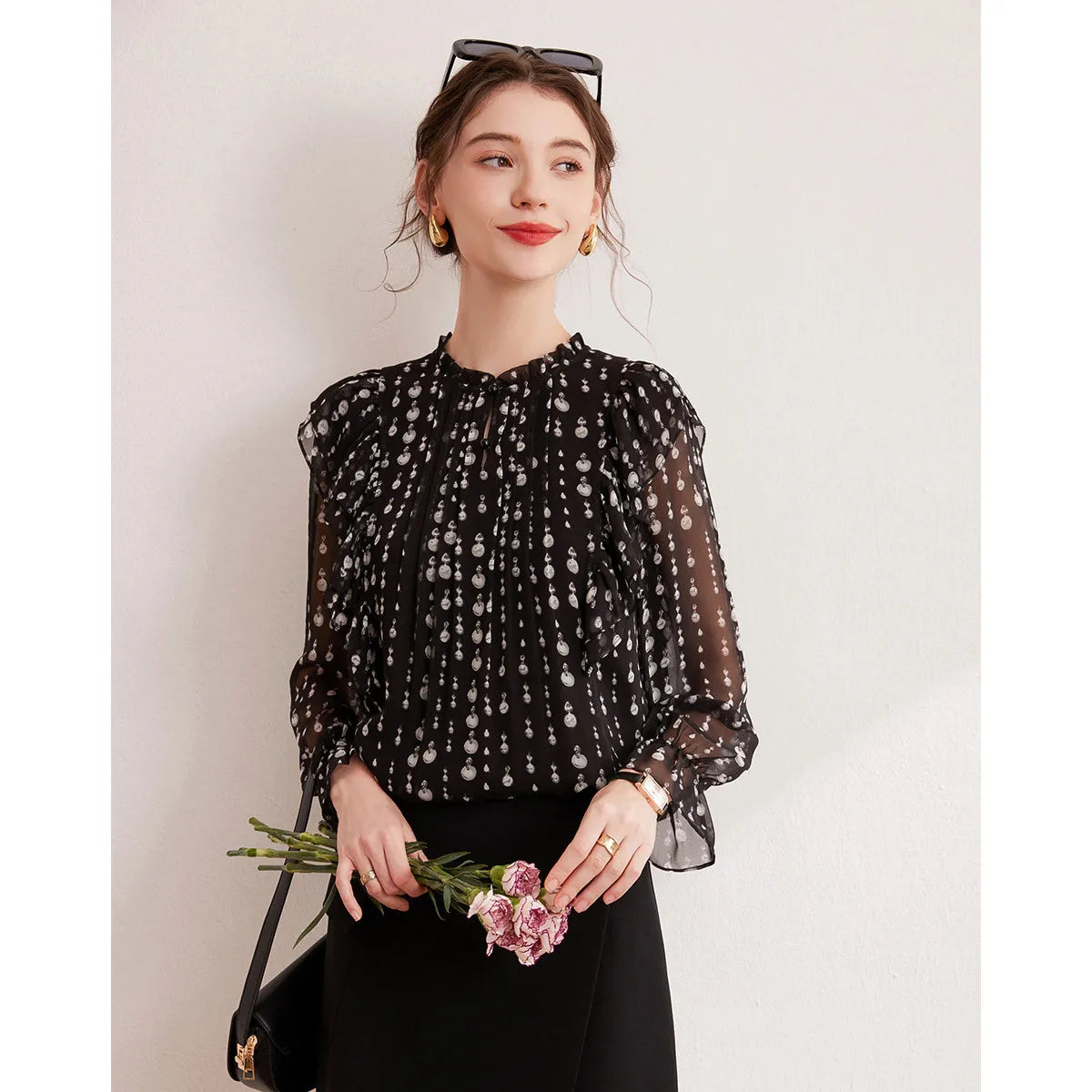 2024 Sweet Printed Stand up Collar Shirt Autumn Edition Gentle Bubble Sleeves Non Elastic Women's Shirt