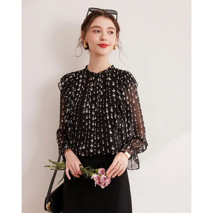 2024 Sweet Printed Stand up Collar Shirt Autumn Edition Gentle Bubble Sleeves Non Elastic Women's Shirt