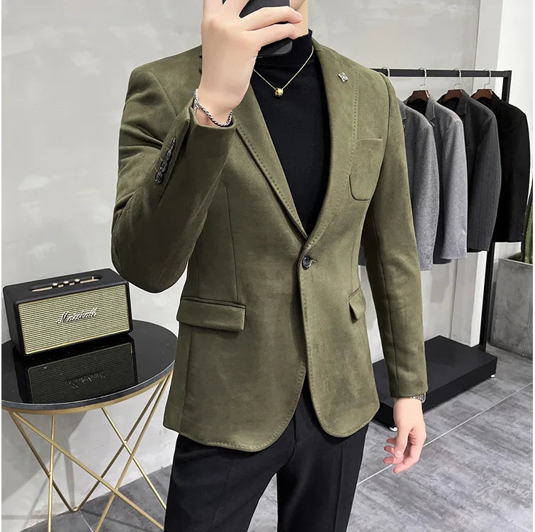 Men's Deerskin Fleece Suit Jacket 2025 Spring New High Quality Single Button Slim Fit Business Casual Suit Coat  Men Clothing