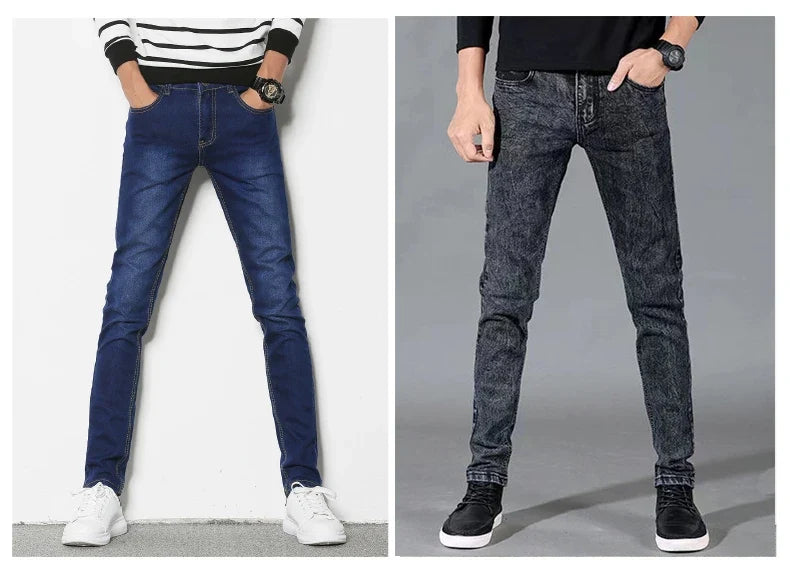 Fashion Mens Slim Fit Denim Pencil Pants High Quality Black White Skinny Stretch Jeans Mens High Street Jeans Four Season
