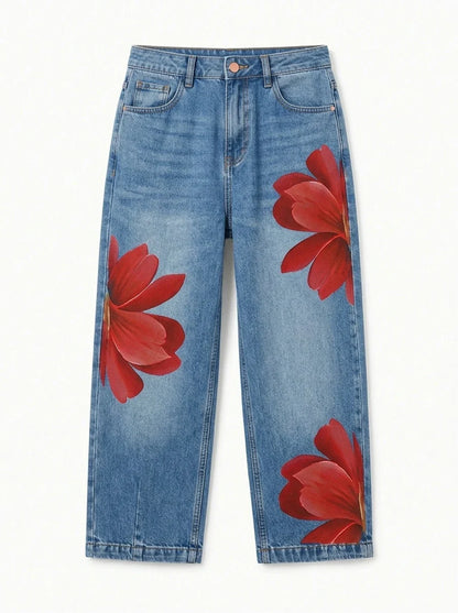 Women's High Waist Cropped Jeans Large Red Floral Print Relaxed Fit Denim Capri Pants 2026 Summer Streetwear Pants