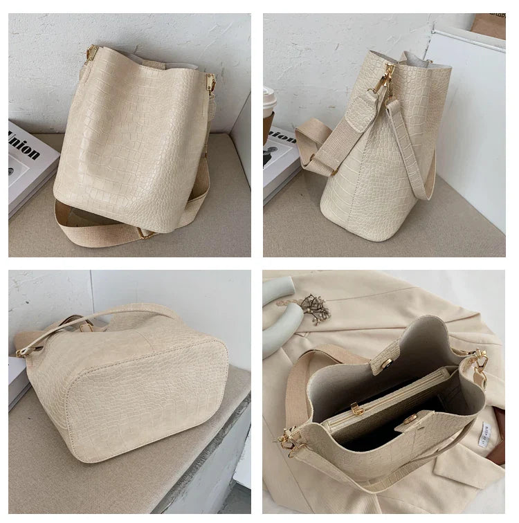 Women Bag Vintage Crocodile Pattern Crossbody Bags for Women PU Leather Trend Designer Shoulder Handbags Large Capacity Bucket