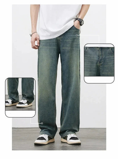 2025Spring Autumn New Men Straight Vintage Fit Jeans Casual Trousers High Quality Male Korean Fashion Baggy Wide Leg Denim Pants