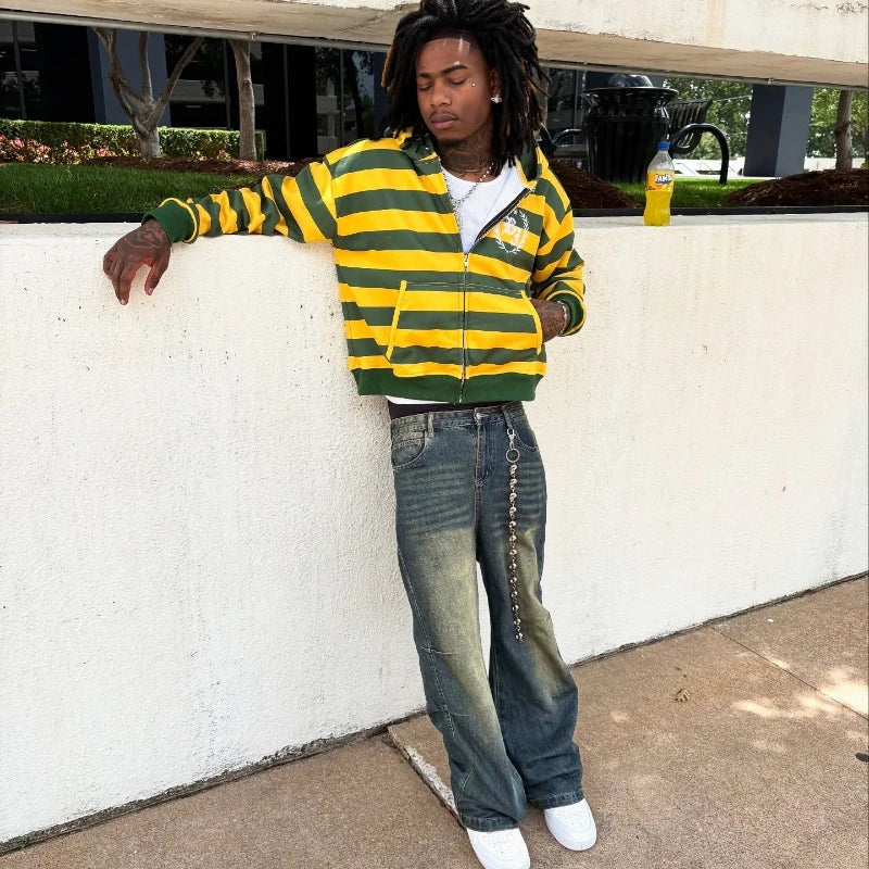 Y2K Street Kid Zip Up Hoodie Stripe Rivet Embroidery Pattern Sweatshirt New Men Hip Hop Fashion Streetwear Unisex Boxy Clothing