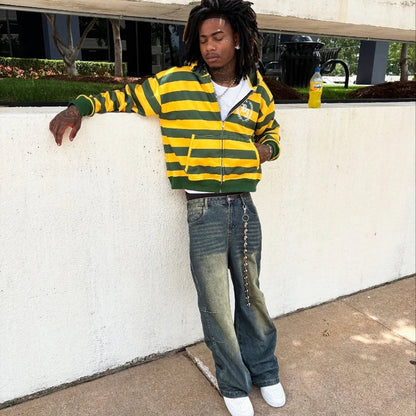 Y2K Street Kid Zip Up Hoodie Stripe Rivet Embroidery Pattern Sweatshirt New Men Hip Hop Fashion Streetwear Unisex Boxy Clothing