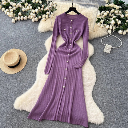 Brand Fashion Aesthetic Patchwork Knitted Maxi Dress Autumn Winter Women Luxury Shirt Sweater Dress Office Lady Vestido