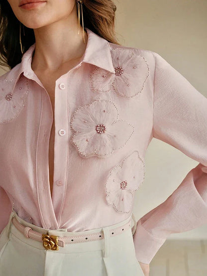 2025 New Long Sleeves Shirts for Women Summer Autumn 3D Flower Chic Blouse Tops for Women Office Business Casual Work