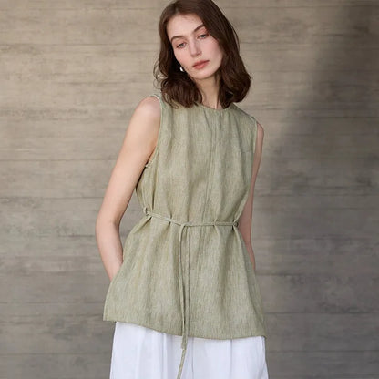 100% Linen Mid-Length Round Neck Women's Tank Top American Vintage Ladies Top Mujer Summer Lace-up Loose Sleeveless Tops