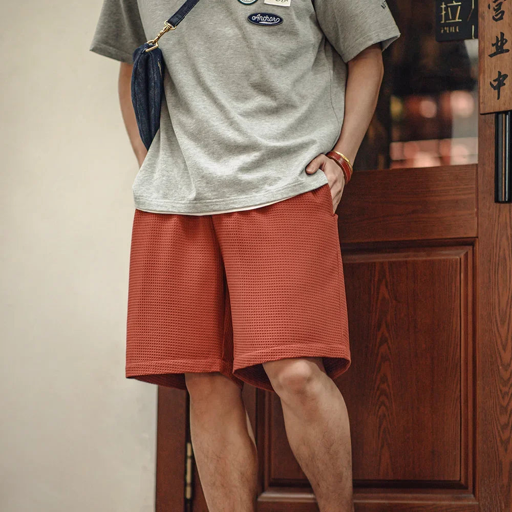 Retro Profile Waffle Fabric Shorts Loose Straight Thin Breathable Elastic Waist Basketball Shorts for Men's Summer