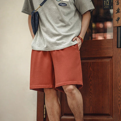 Retro Profile Waffle Fabric Shorts Loose Straight Thin Breathable Elastic Waist Basketball Shorts for Men's Summer