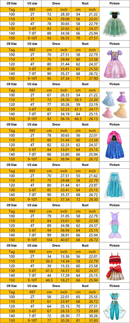 Girls Princess Dress Kids Disney Elsa Anna Snow White Aurora Sofia Rapunzel Cinderella Halloween Costume Children Birthday Party