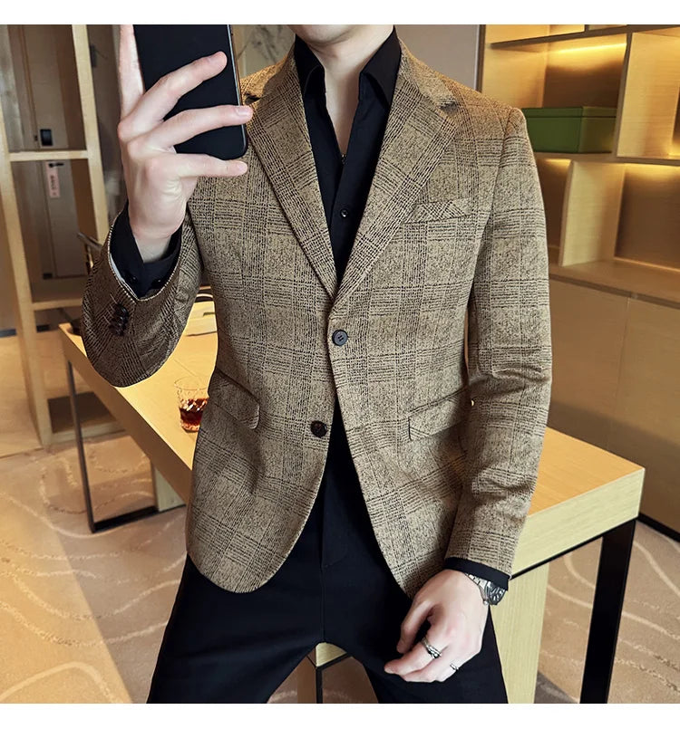 High Quality Meteor Grid Suit Jackets Men British Style Slim Fit Business Casual Fashion Blazers Formal Men Wedding Party Tuxeds