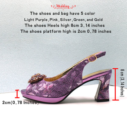 Special Design New Coming INS Hot Sale African Women Shoes and Bag Set in Pink Color with Shinning Crystal for Party