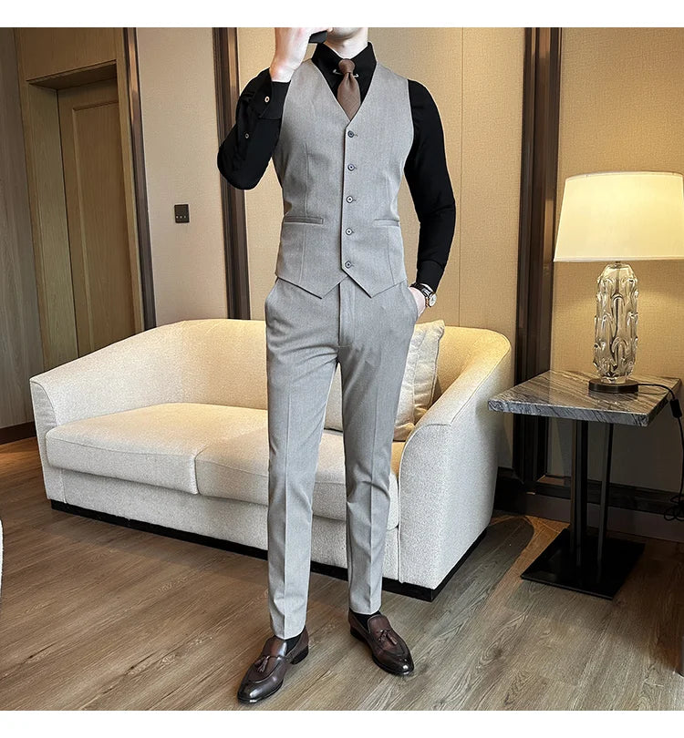 ( Vest + Pants) Men Luxury High Quality Business Suit Vest 2 pieces Formal Groom Wedding Dress Vest Set Fashion Club Clothing
