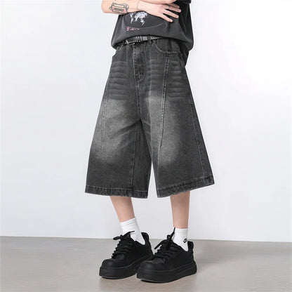 Vintage Washed Gradient Denim Mid-Rise Shorts with Streetwear Loose Wide Leg Fit for Summer Breathability