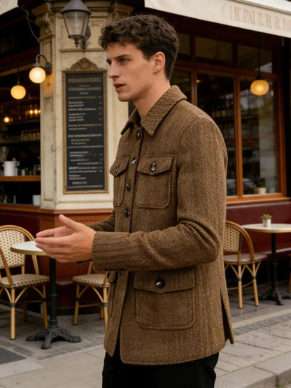 Men's Herringbone Wool Blend Blazer Jacket Notch Collar Utility Multi-Pocket Casual Overcoat For Spring Autumn