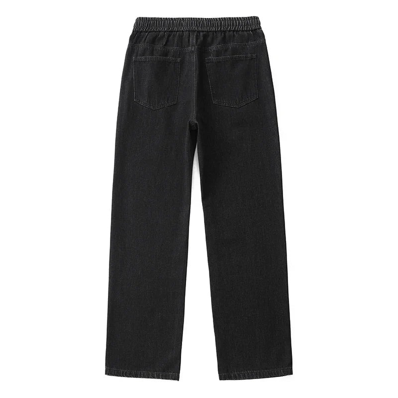 Men Dark Blue Blue Stretch Elastic Waist Denim Pants Streetwear Loose Full Length Trousers Straight Wide Leg Drawstring Jeans