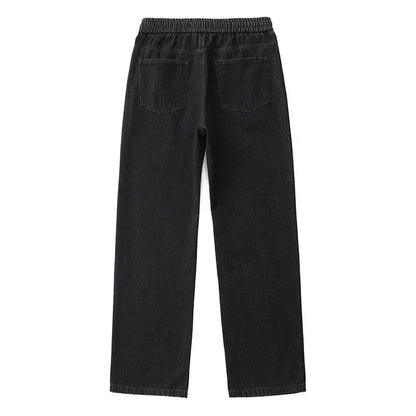 Men Dark Blue Blue Stretch Elastic Waist Denim Pants Streetwear Loose Full Length Trousers Straight Wide Leg Drawstring Jeans