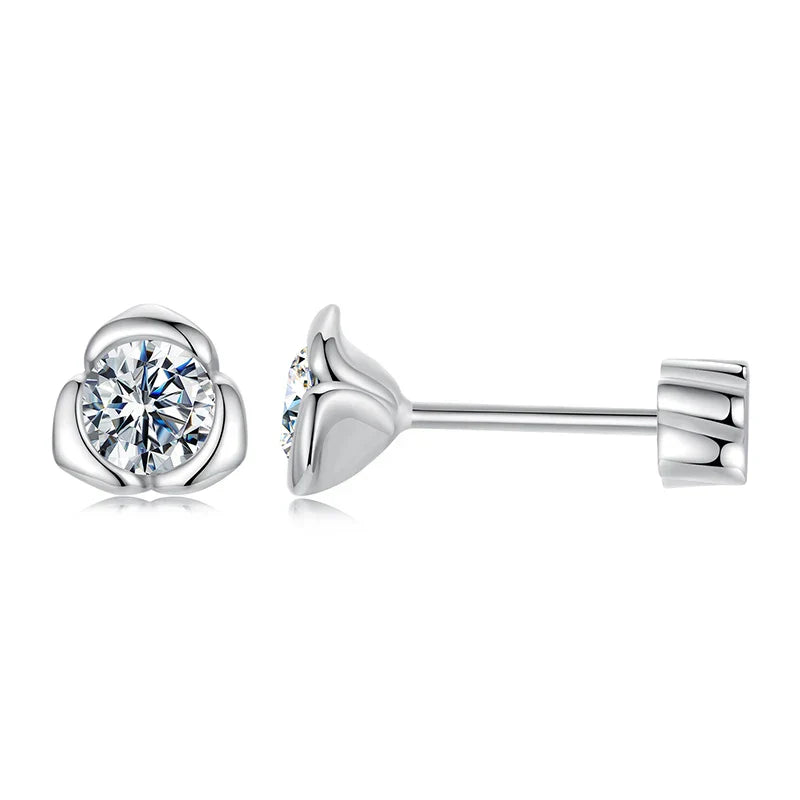 White Gold Plated Moissanite Rose Earrings for Women, 925 Sterling Silver Small Flower Studs Huggies Christmas Gift
