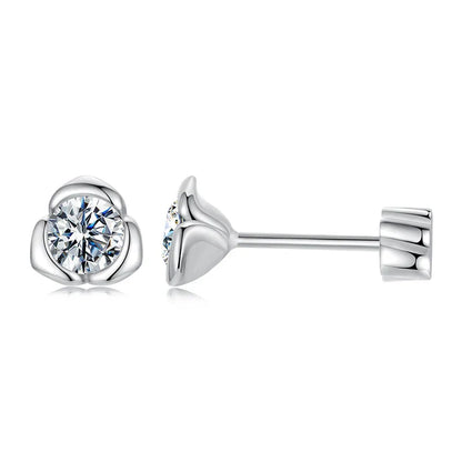 White Gold Plated Moissanite Rose Earrings for Women, 925 Sterling Silver Small Flower Studs Huggies Christmas Gift