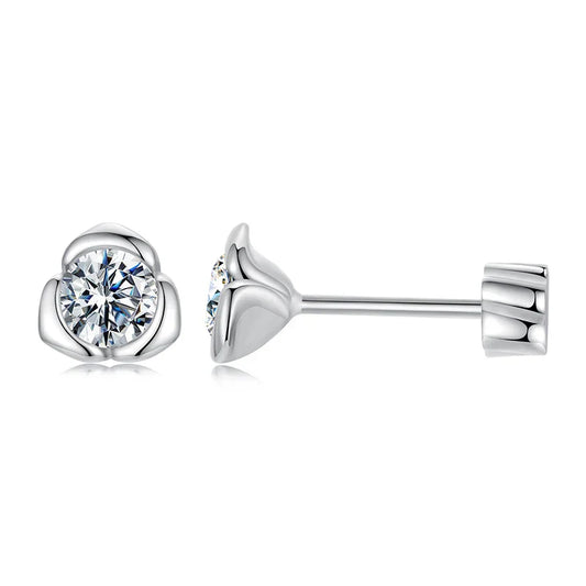 White Gold Plated Moissanite Rose Earrings for Women, 925 Sterling Silver Small Flower Studs Huggies Christmas Gift