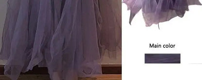Slimming Effect Purple Mesh Ankle-Length Dress Women's plus Size Strapless Gown Korean Style High Waist A-Line Skirt