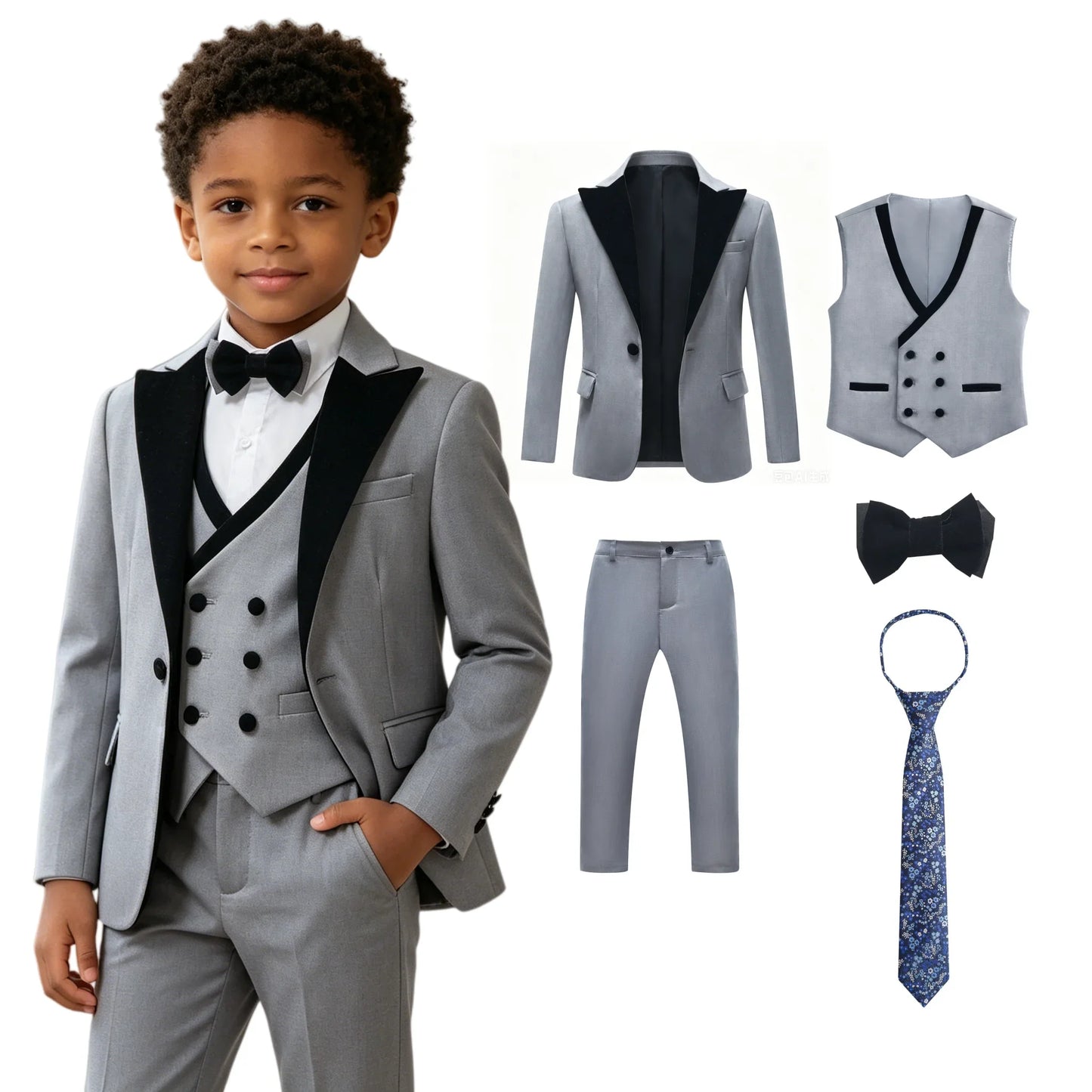 Boys Formal Suit Set 5Pcs Blazer Vest Pants Bow Tie Necktie Kids Wedding Party Tuxedo 3T-14T Children Birthday Page Boy Outfit