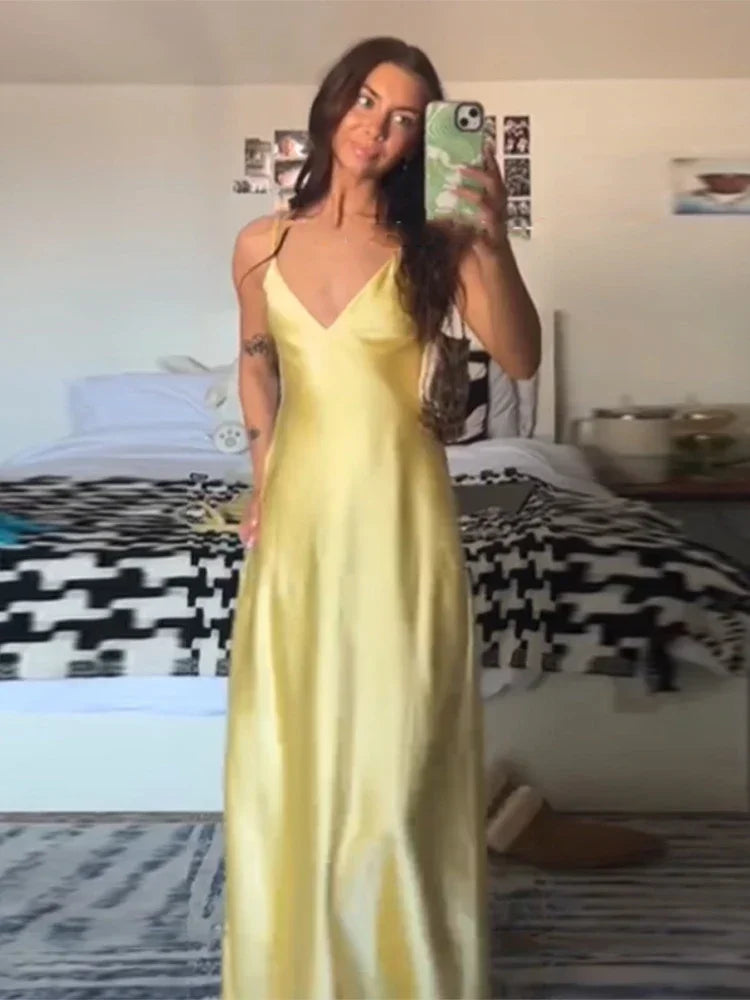 Yellow Satin Sling Dress Women Elegant V Neck Sleeveless Backless High Waist Maxi Dresses 2025 Summer Lady Party Evening Robes