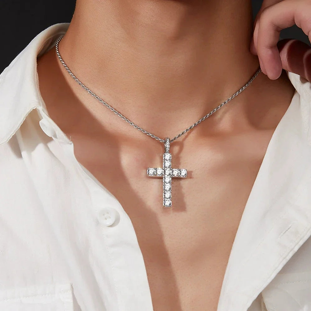 5.5ct Moissanite Cross Necklace Solid s925 Sterling Silver 1.6mm Rope Chain Necklaces for Women Man Christian Jewelry