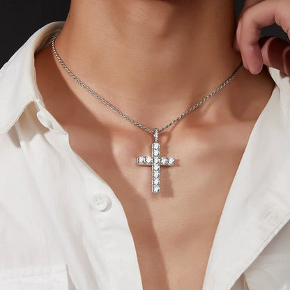 5.5ct Moissanite Cross Necklace Solid s925 Sterling Silver 1.6mm Rope Chain Necklaces for Women Man Christian Jewelry