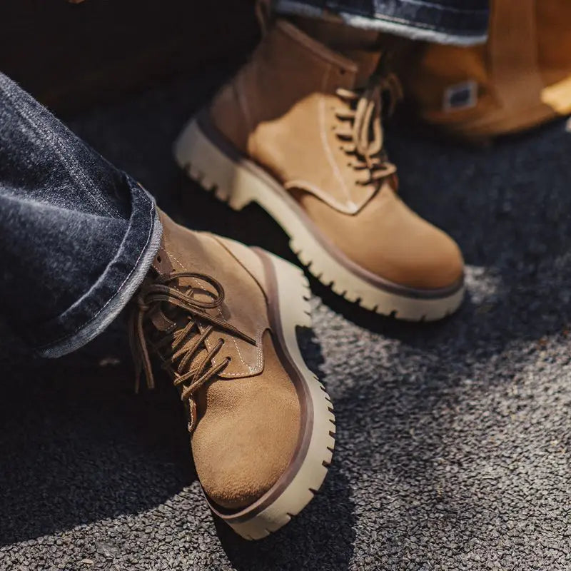 Vintage Men's Cow Suede High-Top Boots Chunky Round Toe Work Desert Boots Lace-Up Ankle Boots for Fall Winter Casual Shoes