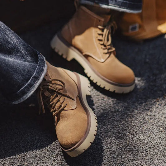Vintage Men's Cow Suede High-Top Boots Chunky Round Toe Work Desert Boots Lace-Up Ankle Boots for Fall Winter Casual Shoes