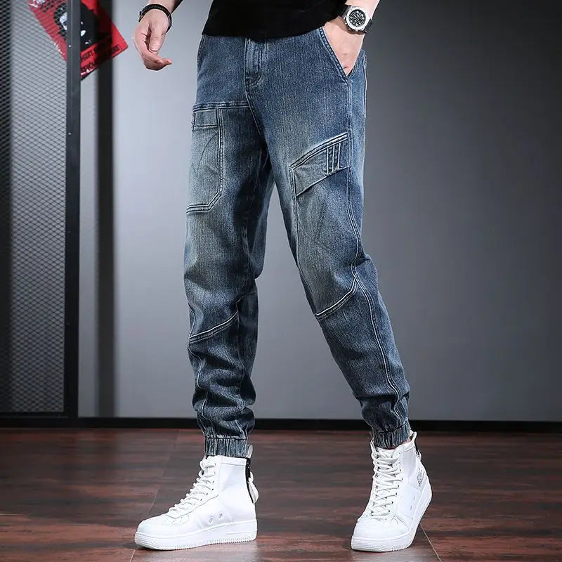Korean Retro Workwear Jeans Men's Autumn Thin Casual Wear-Resistant Straight Leg Pants With Multiple Pockets Long Pants