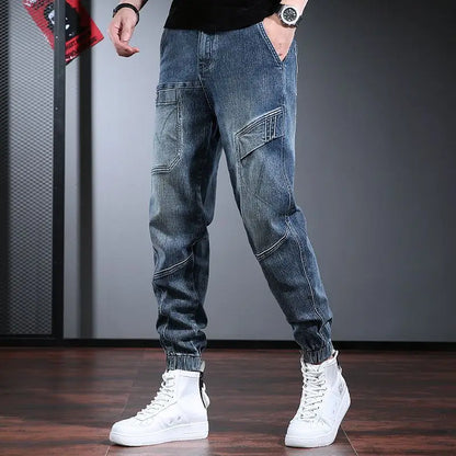 Korean Retro Workwear Jeans Men's Autumn Thin Casual Wear-Resistant Straight Leg Pants With Multiple Pockets Long Pants