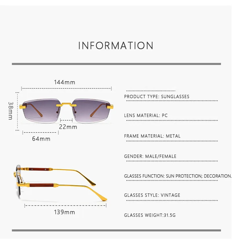 2026 Wooden Rimless Sunglasses Women Trendy Sunscreen Vintage Sunglass Men Vacation Fashion Glasses Lentes De Sol Mujer Okulary