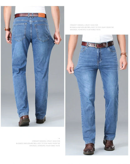 2024 Brand Thin or Thick Material Straight Cotton Stretch Denim Men's  Business Casual High Waist Light Grey Blue Jeans