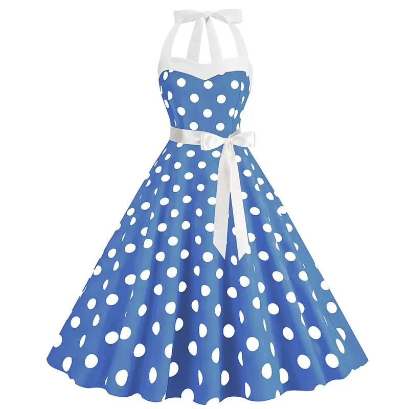 Women Summer Party Dress With Belt Polka Dot Print Halter Hepburn Robe 50s 60s Vintage Dresses