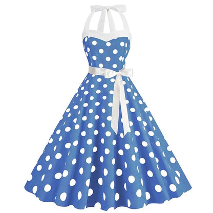 Women Summer Party Dress With Belt Polka Dot Print Halter Hepburn Robe 50s 60s Vintage Dresses
