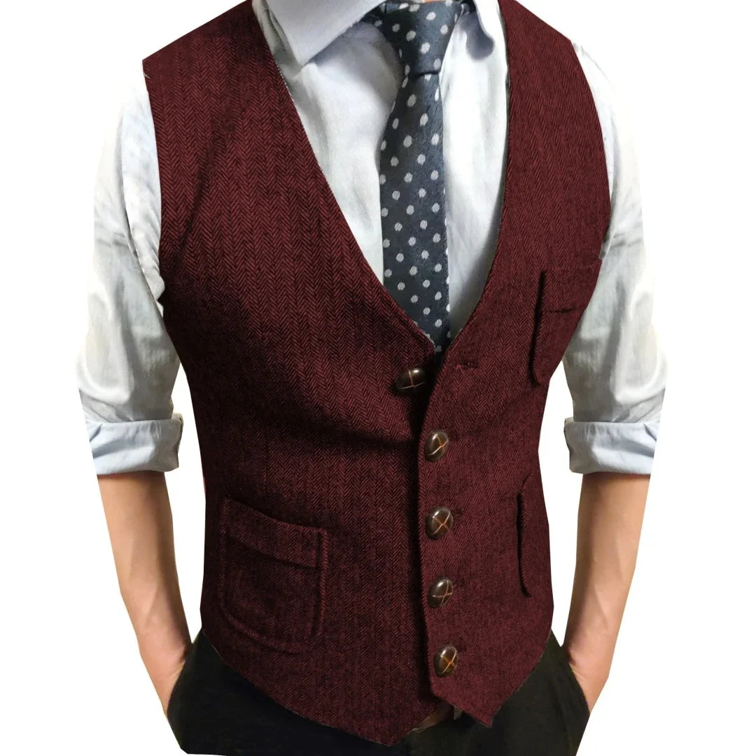 Men Vest Brown Herringbone Single Button V Neck Waistcoat For Wedding Party Business Work Office Daily Casual Men Suit Vest