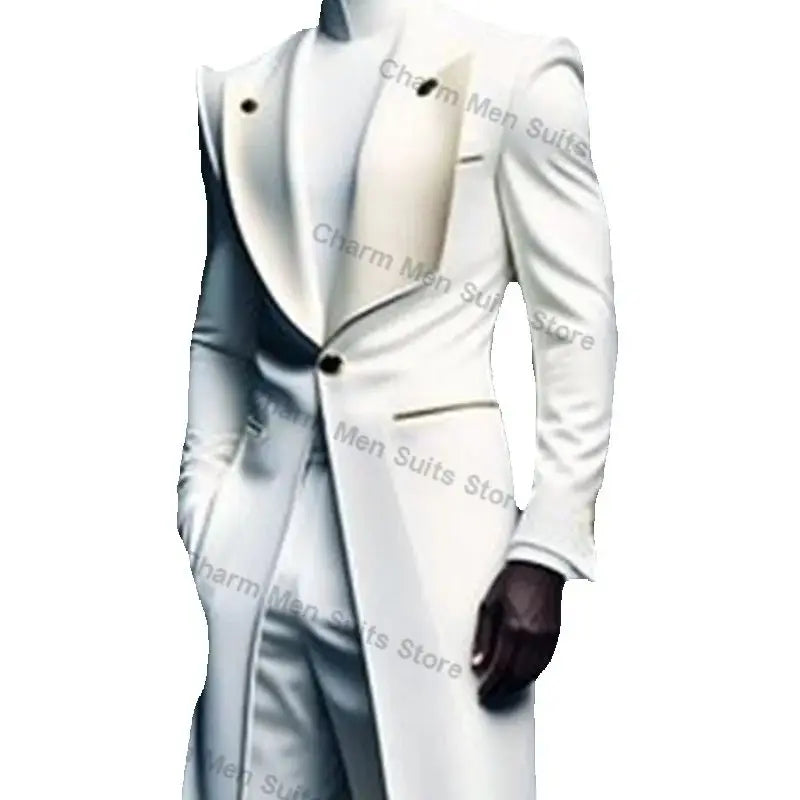 White Men Suits Set 2 Piece Long Blazer+Straight Pant Trouser Customized Cotton Groom Wedding Tuxedo Formal Office Prom Jacket