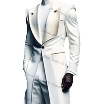 White Men Suits Set 2 Piece Long Blazer+Straight Pant Trouser Customized Cotton Groom Wedding Tuxedo Formal Office Prom Jacket