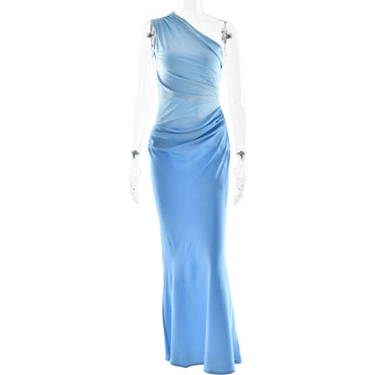 Patchwork Satin Sexy Dress Women One Shoulder Brown Sleeveless Evening Maxi Dress 2025 New Summer Elegant Party Clubwear Dresses