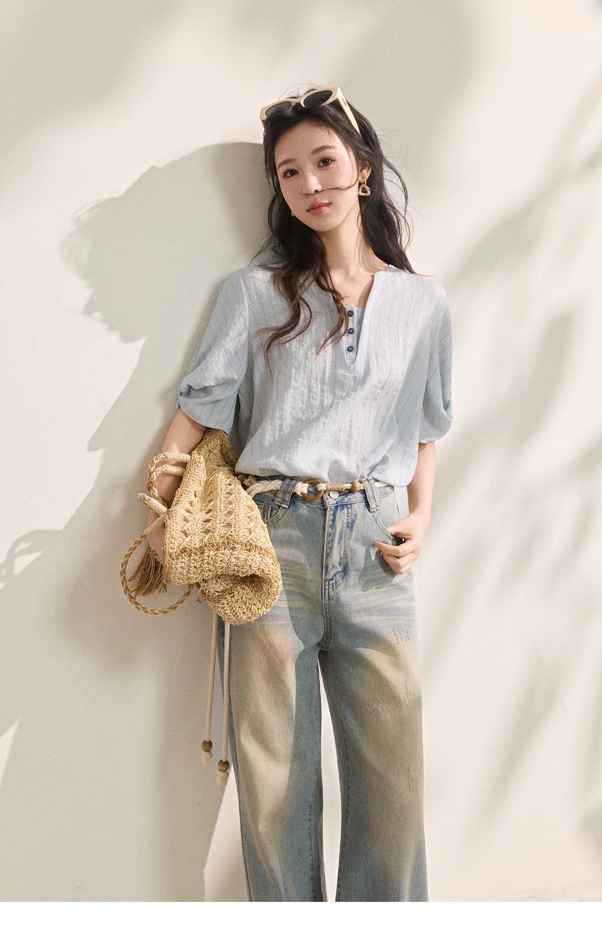 Women French Vertical Stripe Blouse Summer Seven Quarter Sleeve Loose Blouse Minimalist Solid Top Office Lady MXF16X2562