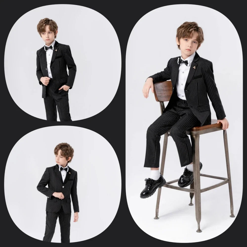 Elegant Boys 4 Pieces Blazer Pants Bow-tie Brooch Host Costumes Popular Classic Child Lapel Suit Set For Birthday Wedding Party