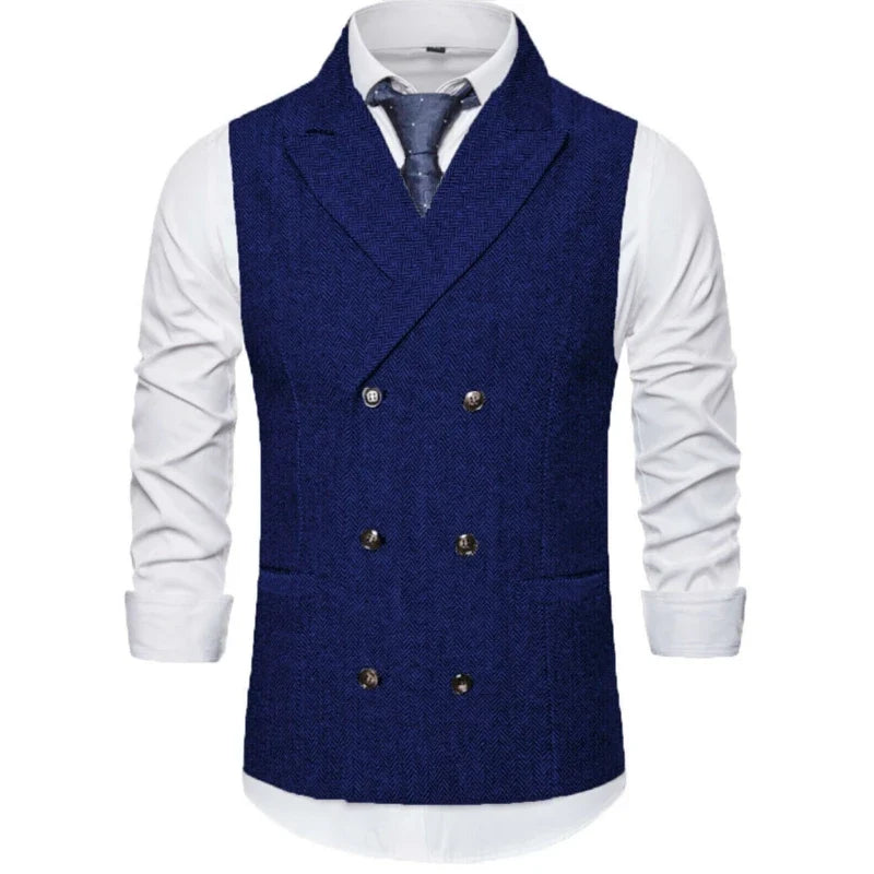Men Vest Brown Herringbone Double Breasted Buckle Solid Business Casual Waistcoat Regular Slim Banquet Men Suit Vest