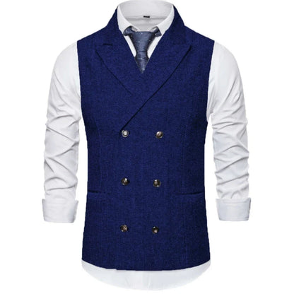 Men Vest Brown Herringbone Double Breasted Buckle Solid Business Casual Waistcoat Regular Slim Banquet Men Suit Vest