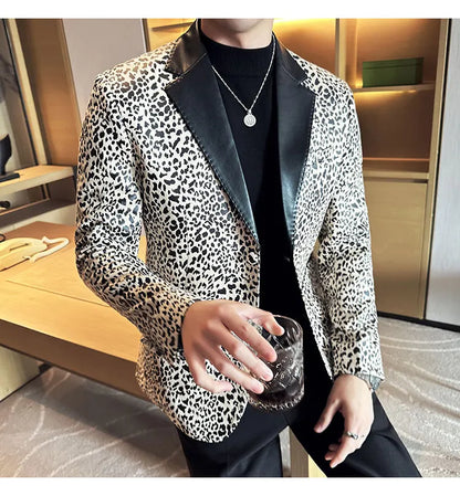 Splicing Leather Neck Casual Suit Jacket Fashion Leopard Men's Business Slim Fit Social Formal Blazers Wedding Groom Tuxedos