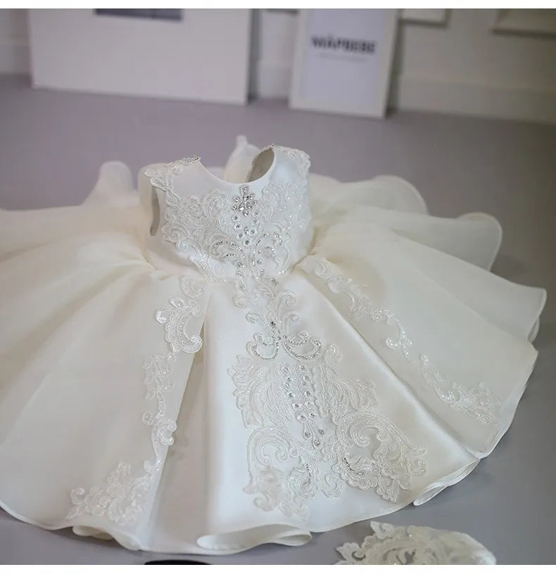Children White Lace Tulle Dresses Evening Party Kids Sleeveless Ball Gowns 1st Birthday Baby Girl Princess Ceremonial Dress