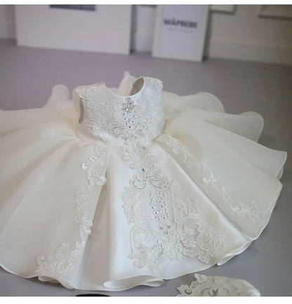 Children White Lace Tulle Dresses Evening Party Kids Sleeveless Ball Gowns 1st Birthday Baby Girl Princess Ceremonial Dress